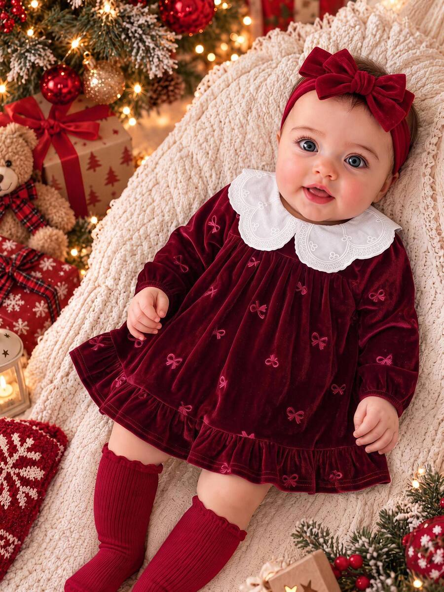 SHEIN Baby Girl Bow Jacquard Velvet Peter Pan Collar Cinched Waist Pleated Ruffle Hem Thick Autumn Dress Suitable For Winter And Christmas - Burgundy - View 1