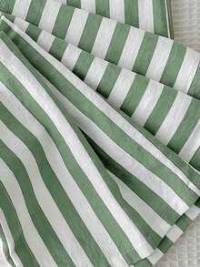 SHEIN Tween Girl Casual White Summer Boho Vacation Holiday Mid-Rise Wide Leg Pants Comfortable Minimalist Striped Trousers For Spring Daily Wear Beach - Green - View 4