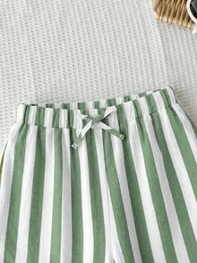 SHEIN Tween Girl Casual White Summer Boho Vacation Holiday Mid-Rise Wide Leg Pants Comfortable Minimalist Striped Trousers For Spring Daily Wear Beach - Green - View 3