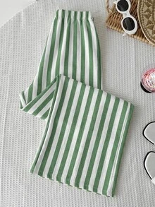 SHEIN Tween Girl Casual White Summer Boho Vacation Holiday Mid-Rise Wide Leg Pants Comfortable Minimalist Striped Trousers For Spring Daily Wear Beach - Green - View 2