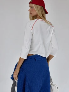 MUSERA White 3/4 Sleeve Contrast Stitch Baseball Top Autumn Winter Fall Daily Everyday Essential Blancs - White - View 5