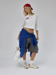 MUSERA White 3/4 Sleeve Contrast Stitch Baseball Top Autumn Winter Fall Daily Everyday Essential Blancs - White - View 3