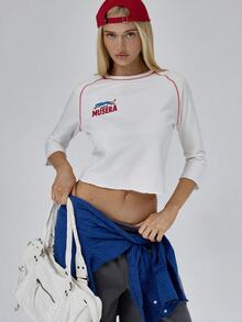 MUSERA White 3/4 Sleeve Contrast Stitch Baseball Top Autumn Winter Fall Daily Everyday Essential Blancs - White - View 2