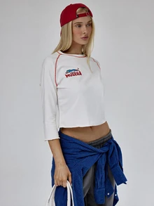 MUSERA White 3/4 Sleeve Contrast Stitch Baseball Top Autumn Winter Fall Daily Everyday Essential Blancs - White - View 4