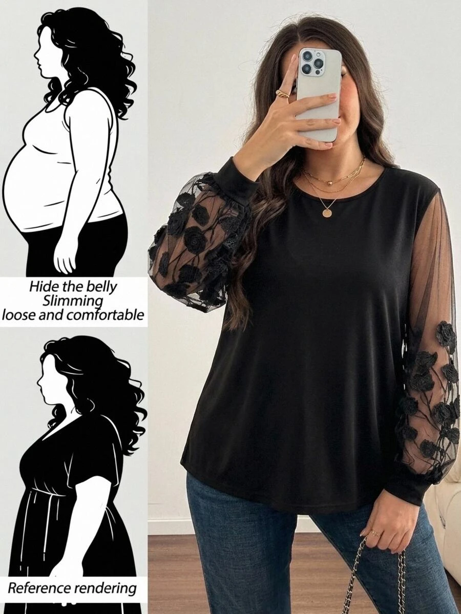 SHEIN LUNE 大尺碼女款網紗3D花卉裝飾休閒天體優雅上衣 派對晚宴黑色秋季 - 黑色 - 查看 1