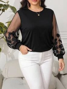 SHEIN LUNE 大尺碼女款網紗3D花卉裝飾休閒天體優雅上衣 派對晚宴黑色秋季 - 黑色 - 查看 10