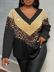 Veslaya Plus Size Women Winter Casual Fashionable Sequin Patchwork Printed Colorblock V-Neck Top - Multicolor - View 7