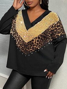 Veslaya Plus Size Women Winter Casual Fashionable Sequin Patchwork Printed Colorblock V-Neck Top - Multicolor - View 8
