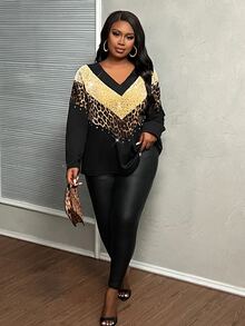 Veslaya Plus Size Women Winter Casual Fashionable Sequin Patchwork Printed Colorblock V-Neck Top - Multicolor - View 4