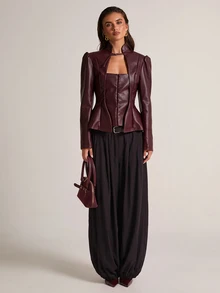 SHEIN BAE Blazer Modis untuk Komuter yang Mempertegas Pinggang - Burgundy - View 3