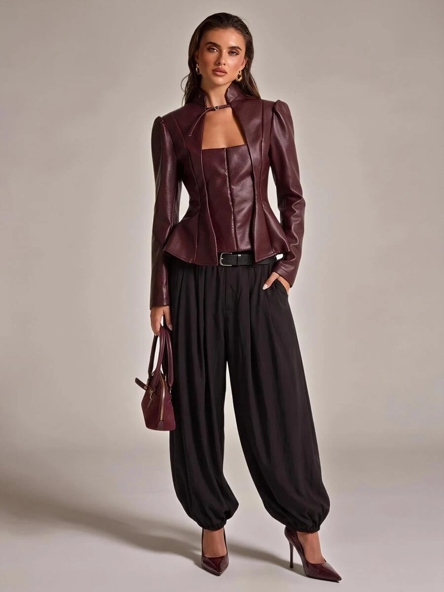 SHEIN BAE Fashionable Commuter Waist-Cinching Blazer - Burgundy - View 1