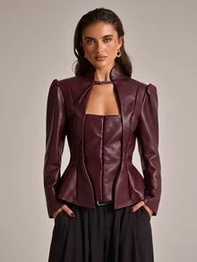 SHEIN BAE Blazer Modis untuk Komuter yang Mempertegas Pinggang - Burgundy - View 1