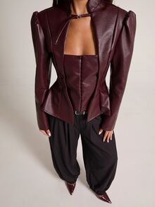 SHEIN BAE Blazer Modis untuk Komuter yang Mempertegas Pinggang - Burgundy - View 9