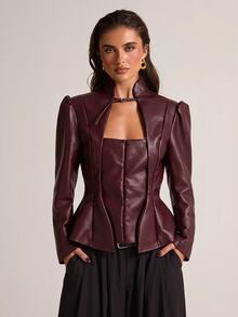 SHEIN BAE Blazer Modis untuk Komuter yang Mempertegas Pinggang - Burgundy - View 4