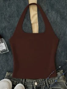 Casual Halter Neck Tank Top, Suitable For Summer Mothers Day Outfit Graduation Summer Tops Groove Vacation All Black - White - View 3