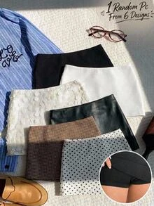 SHEIN 青少年女孩休閒黑色PU低腰迷你裙（含內搭打底褲） - 黑色 - 查看 1