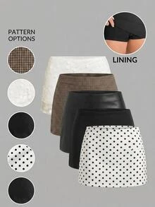 SHEIN 青少年女孩休閒黑色PU低腰迷你裙（含內搭打底褲） - 黑色 - 查看 5