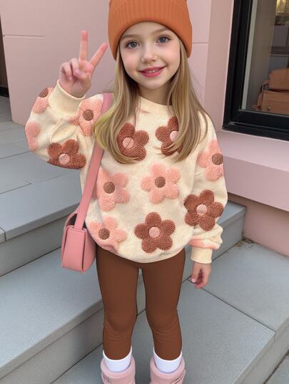 Conjunto de sudadera de cuello redondo y pantalones largos de cintura elástica para niña, con estampado de lunares y flores texturizados, paleta de colores Maillard, estilo lindo, kawaii y acogedor, ideal para otoño/invierno, outfit relajado para niña