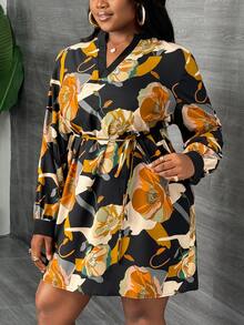 Veslaya Plus Size V-Neck Long Sleeve Front Tie Allover Print Casual Short Dress - Multicolor - View 6