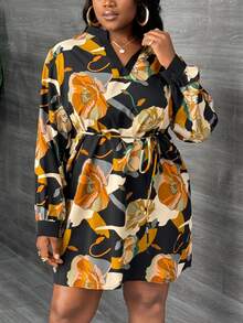 Veslaya Plus Size V-Neck Long Sleeve Front Tie Allover Print Casual Short Dress - Multicolor - View 5