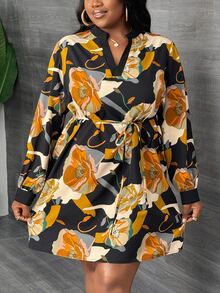 Veslaya Plus Size V-Neck Long Sleeve Front Tie Allover Print Casual Short Dress - Multicolor - View 4