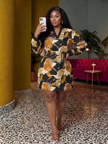 Veslaya Plus Size V-Neck Long Sleeve Front Tie Allover Print Casual Short Dress - Multicolor - View 1