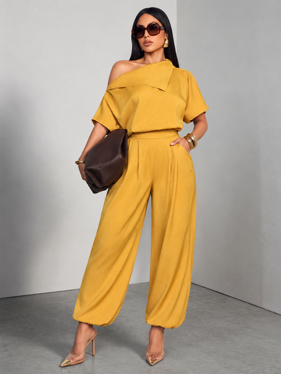 SOLERSUN Mustard Yellow Two Piece Set For Women, Asymmetrical Shoulder Top & Long Pants Casual Street Wear Daily, Autumn Clothes Elegant Long Dress