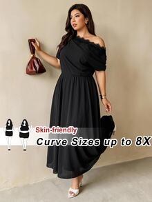 SHEIN CURVE+ Gaun Model Flare Pas Badan Ukuran Plus Lengan Pendek dengan Bahu Terbuka dan Hiasan Renda/Pakaian Profesional Elegan untuk Natal - Hitam - View 7