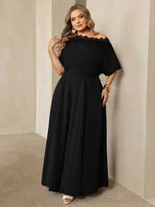 SHEIN CURVE+ Gaun Model Flare Pas Badan Ukuran Plus Lengan Pendek dengan Bahu Terbuka dan Hiasan Renda/Pakaian Profesional Elegan untuk Natal - Hitam - View 5