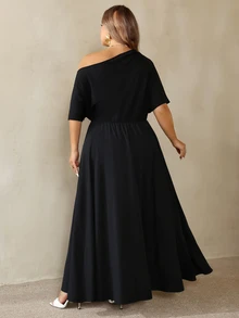 SHEIN CURVE+ Gaun Model Flare Pas Badan Ukuran Plus Lengan Pendek dengan Bahu Terbuka dan Hiasan Renda/Pakaian Profesional Elegan untuk Natal - Hitam - View 2