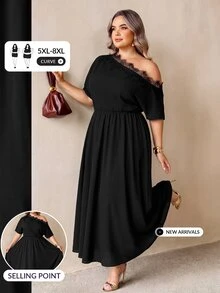 SHEIN CURVE+ Gaun Model Flare Pas Badan Ukuran Plus Lengan Pendek dengan Bahu Terbuka dan Hiasan Renda/Pakaian Profesional Elegan untuk Natal - Hitam - View 1