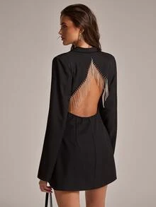 SHEIN BAE Women's Fashion Elegant Long Sleeve Blazer Jacket With Back Tassel Decoration - Black - View 1