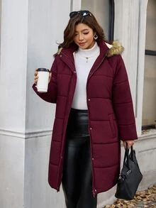 Reflora Plus Size Women's Plush Hooded Casual Versatile Winter Cotton Padded Coat - Burgundy - View 10