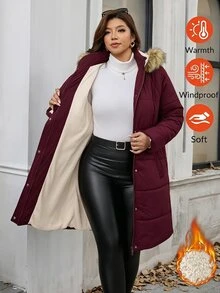 Reflora Plus Size Women's Plush Hooded Casual Versatile Winter Cotton Padded Coat - Burgundy - View 3