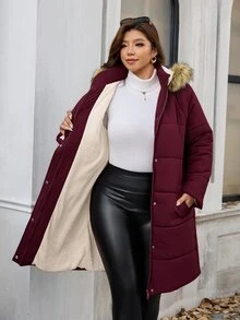 Reflora Plus Size Women's Plush Hooded Casual Versatile Winter Cotton Padded Coat - Burgundy - View 13