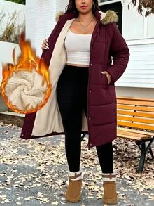 Reflora Plus Size Women's Plush Hooded Casual Versatile Winter Cotton Padded Coat - Burgundy - View 4