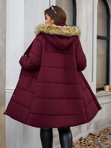 Reflora Plus Size Women's Plush Hooded Casual Versatile Winter Cotton Padded Coat - Burgundy - View 2