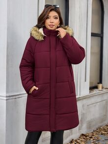 Reflora Plus Size Women's Plush Hooded Casual Versatile Winter Cotton Padded Coat - Burgundy - View 8