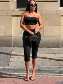 SHEIN SXY 女款新款高腰緊身黑色單車短褲，3/4長度 - 黑色 - 查看 4