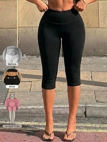 SHEIN SXY 女款新款高腰緊身黑色單車短褲，3/4長度 - 黑色 - 查看 8