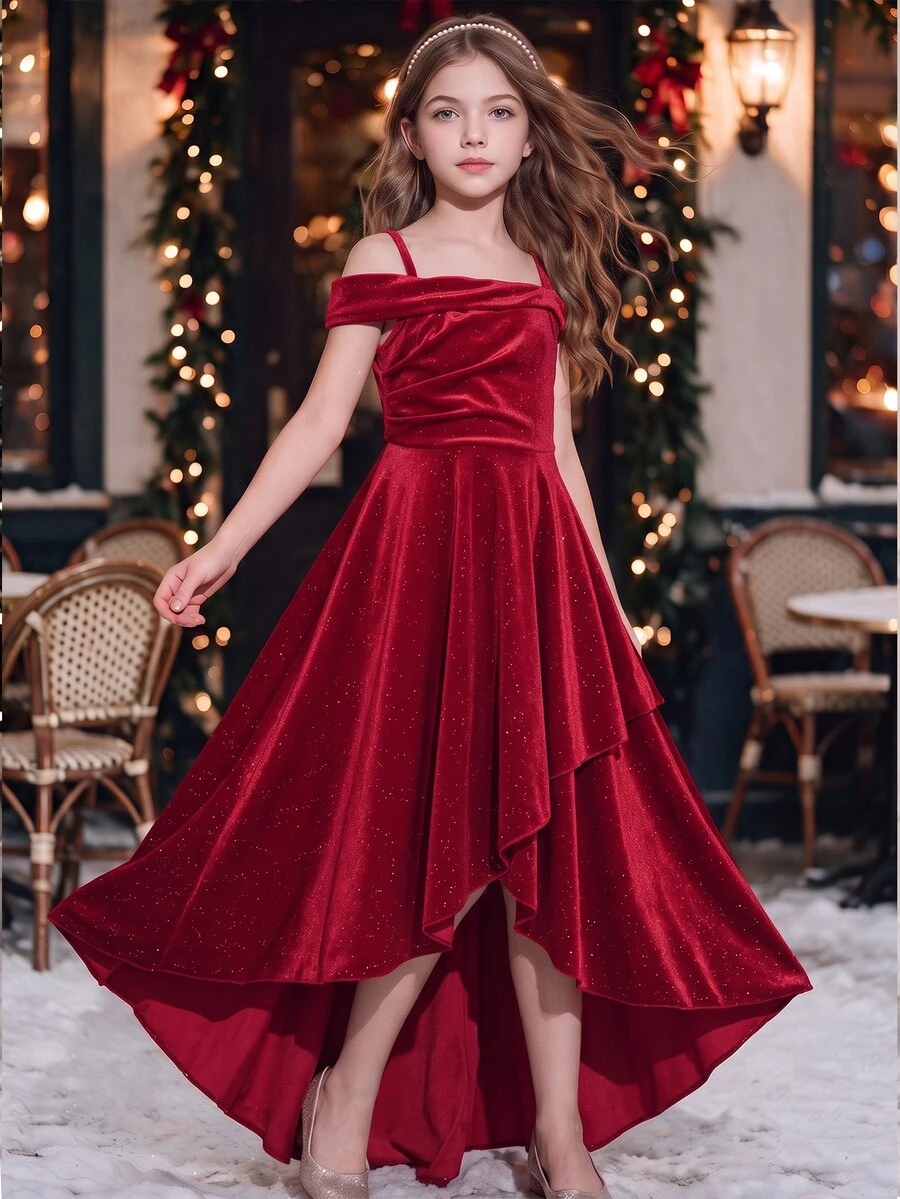 SHEIN Tween Girls Cold Shoulder Velvet Hi-Low A-Line Elegant Party Dinner Evening Dress Robe Elegant Chic Wedding Guest Dress Wedding Dark Red Summer - Burgundy - View 1