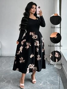EMERY ROSE Gaun Lengan Panjang Bermotif Elegan dan Serbaguna untuk Wanita Ukuran Plus, Cocok untuk Musim Gugur/Musim Dingin - MultiWarna - View 3