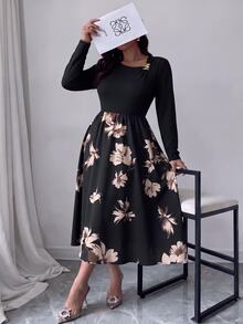 EMERY ROSE Gaun Lengan Panjang Bermotif Elegan dan Serbaguna untuk Wanita Ukuran Plus, Cocok untuk Musim Gugur/Musim Dingin - MultiWarna - View 1