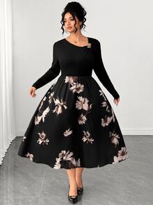 EMERY ROSE Gaun Lengan Panjang Bermotif Elegan dan Serbaguna untuk Wanita Ukuran Plus, Cocok untuk Musim Gugur/Musim Dingin - MultiWarna - View 8