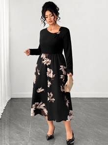 EMERY ROSE Gaun Lengan Panjang Bermotif Elegan dan Serbaguna untuk Wanita Ukuran Plus, Cocok untuk Musim Gugur/Musim Dingin - MultiWarna - View 7