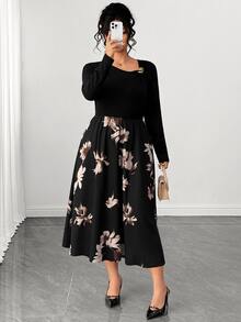 EMERY ROSE Gaun Lengan Panjang Bermotif Elegan dan Serbaguna untuk Wanita Ukuran Plus, Cocok untuk Musim Gugur/Musim Dingin - MultiWarna - View 6