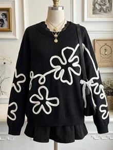 SHEIN Clasi 大尺碼女款秋冬花卉刺繡圓領長袖休閒針織衫 - 黑色 - 查看 10