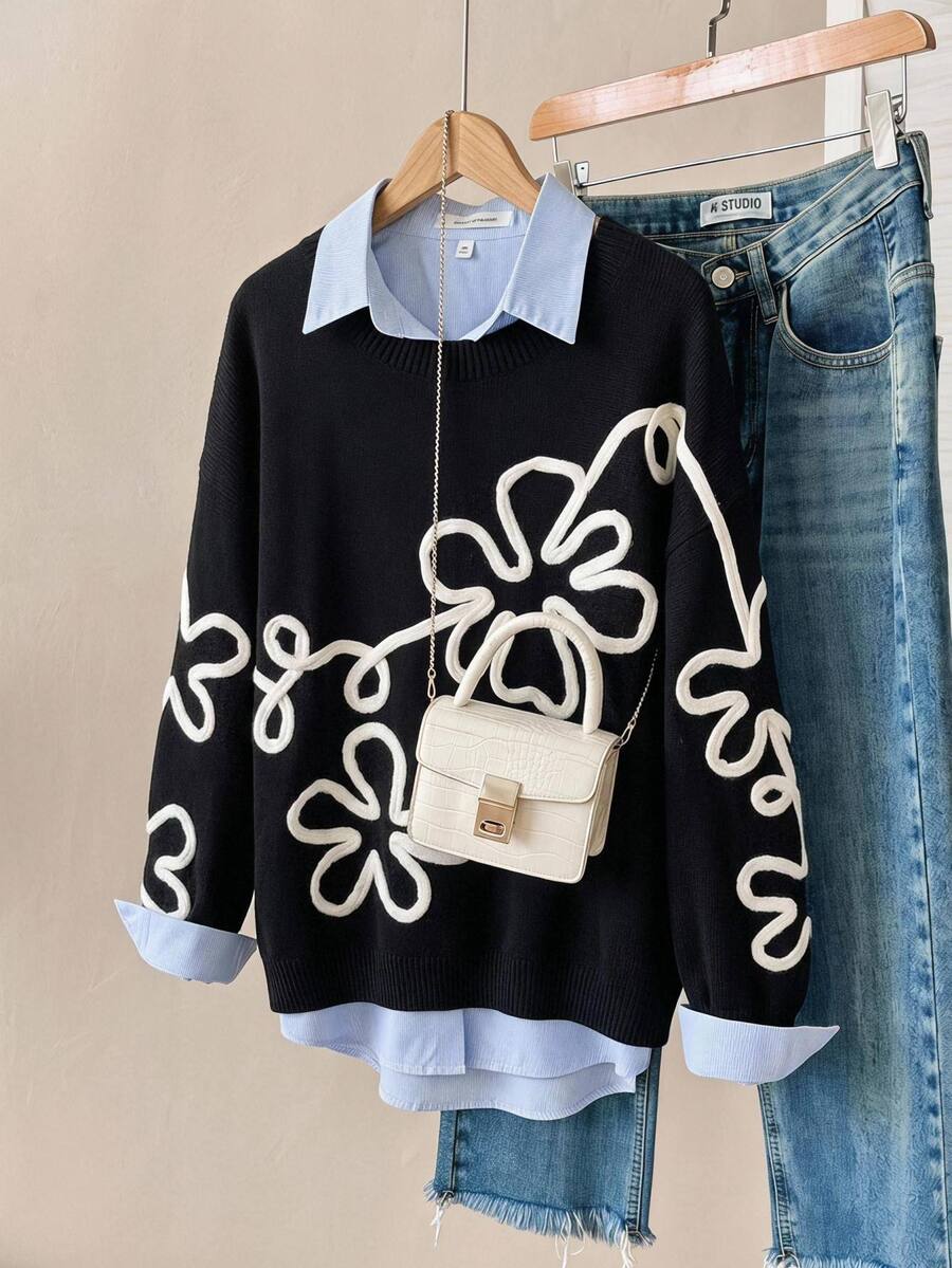 SHEIN Clasi Sweater Kasual Lengan Panjang Leher Bulat Bordir Bunga Musim Gugur/Dingin untuk Wanita Ukuran Besar - Hitam - View 1