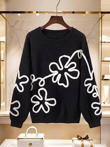 SHEIN Clasi 大尺碼女款秋冬花卉刺繡圓領長袖休閒針織衫 - 黑色 - 查看 8