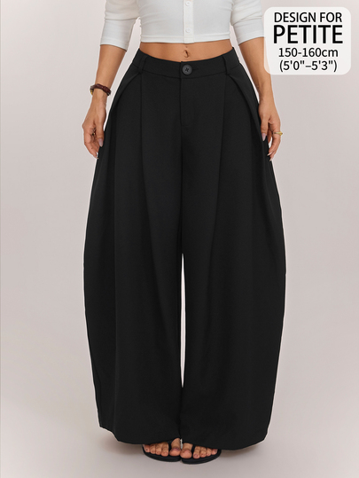 SHEIN PETITE Women's Petite Casual-Workwear Black Textured Striped Loose-Fit Wrap-Panel Trousers